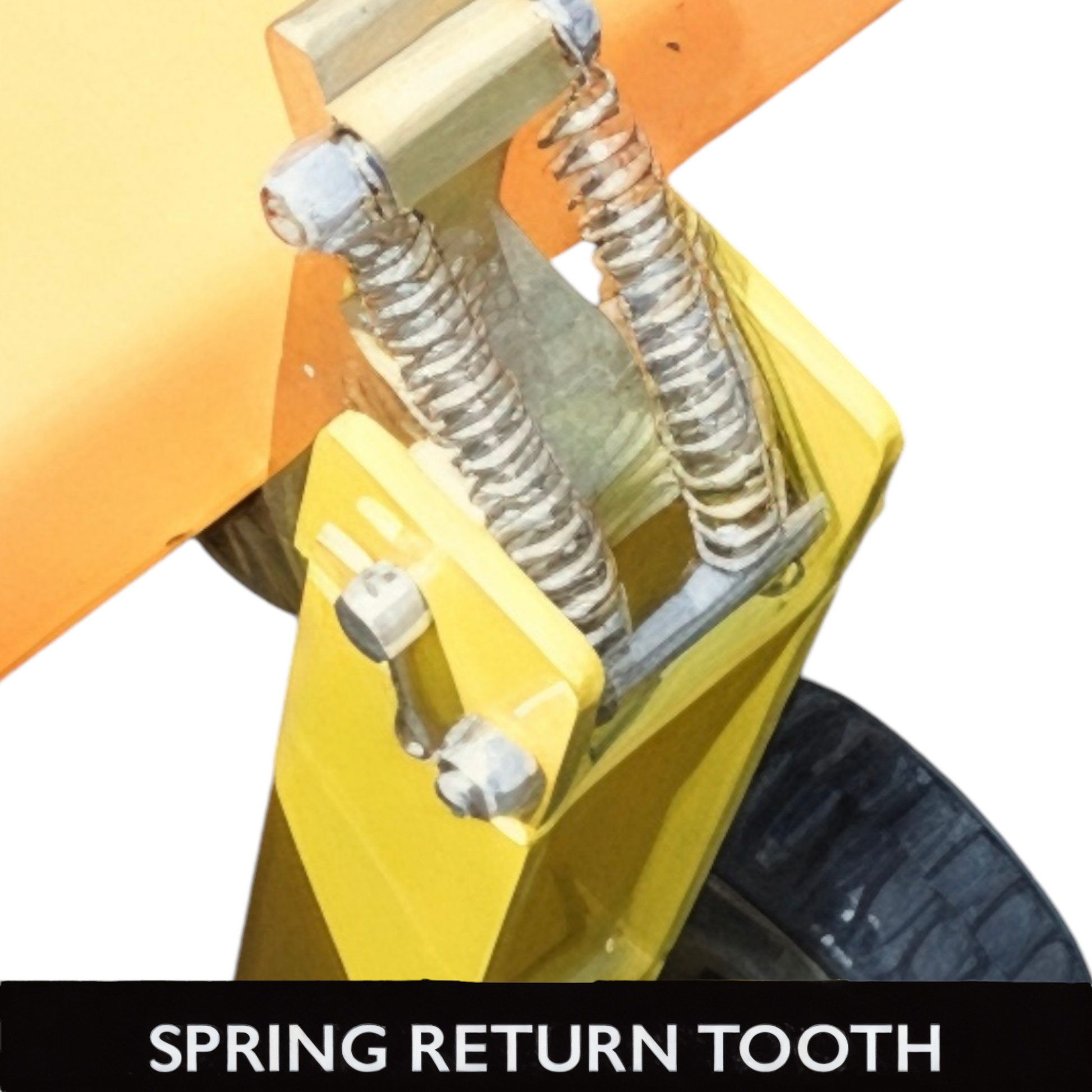 Close-up of the spring return mechanism on a yellow mower lift.