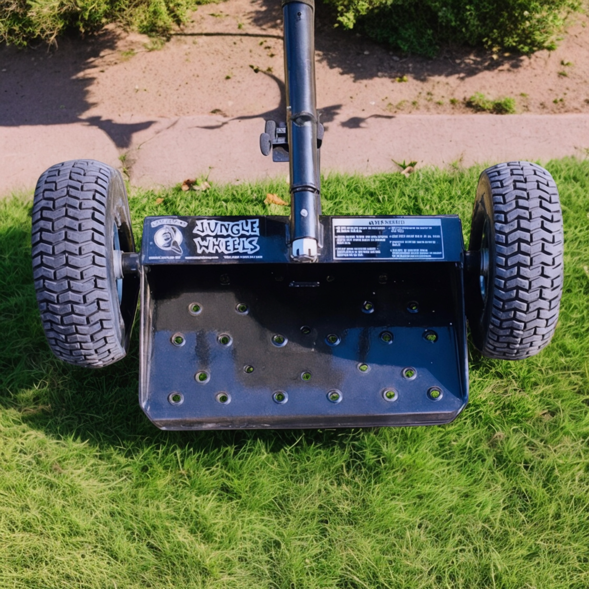 A black Jungle Wheels two-wheel sulky accessory for lawn mowers, shown from the rear on grass.