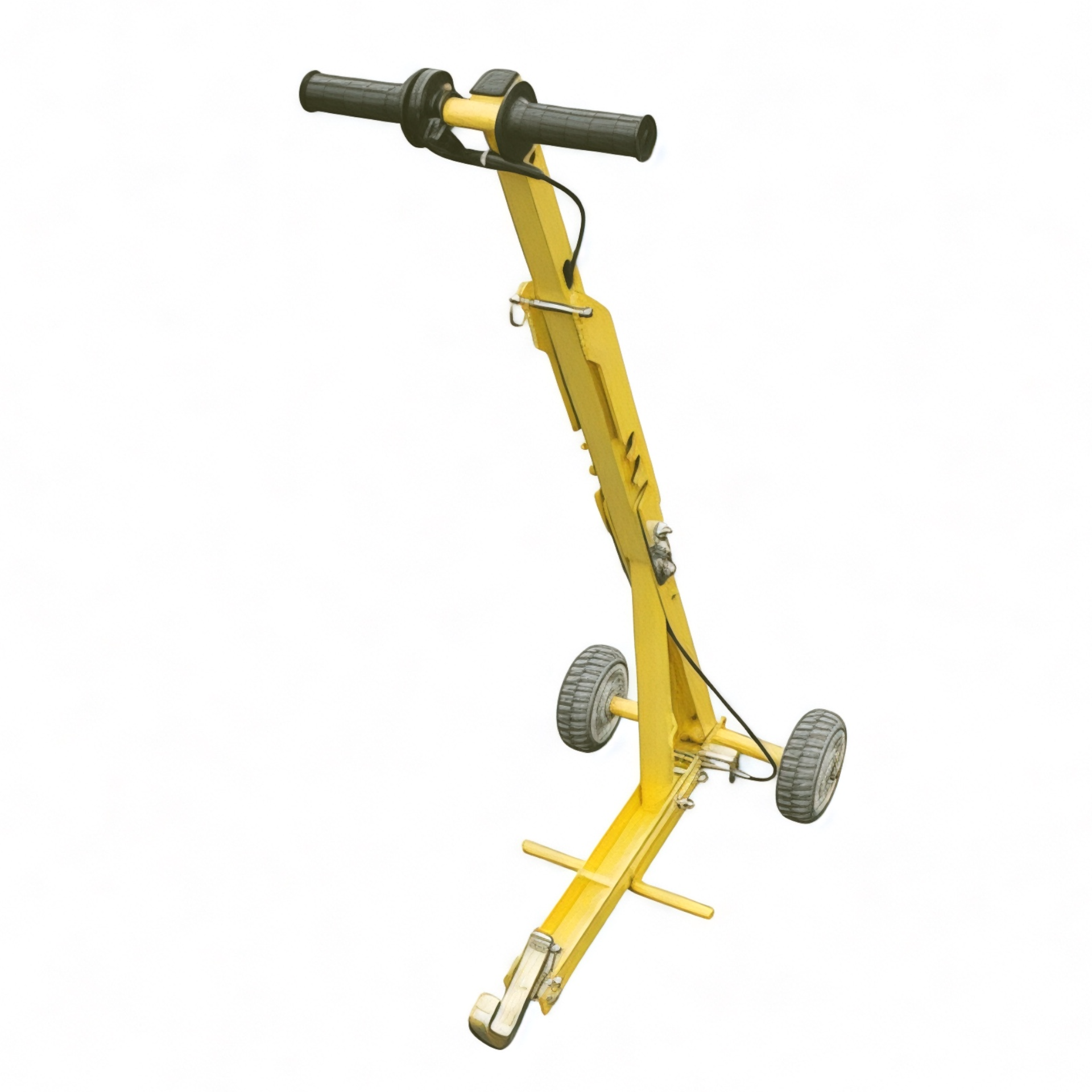 A yellow lawn mower lift device with black wheels and handles, designed for lifting commercial mowers.