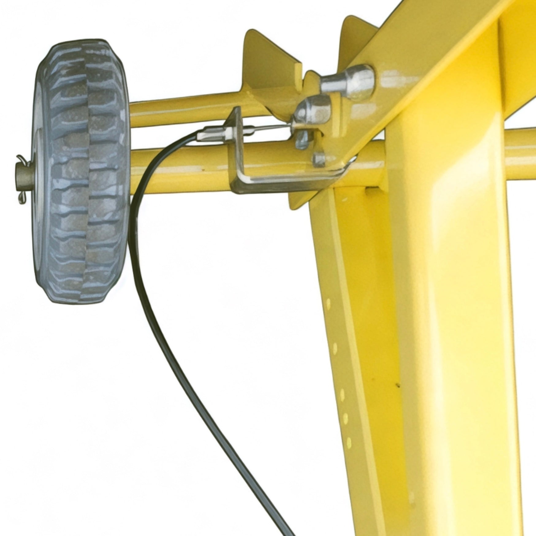 Side view of the wheel and axle assembly on a Jungle Jack lift, showing the attached cable.