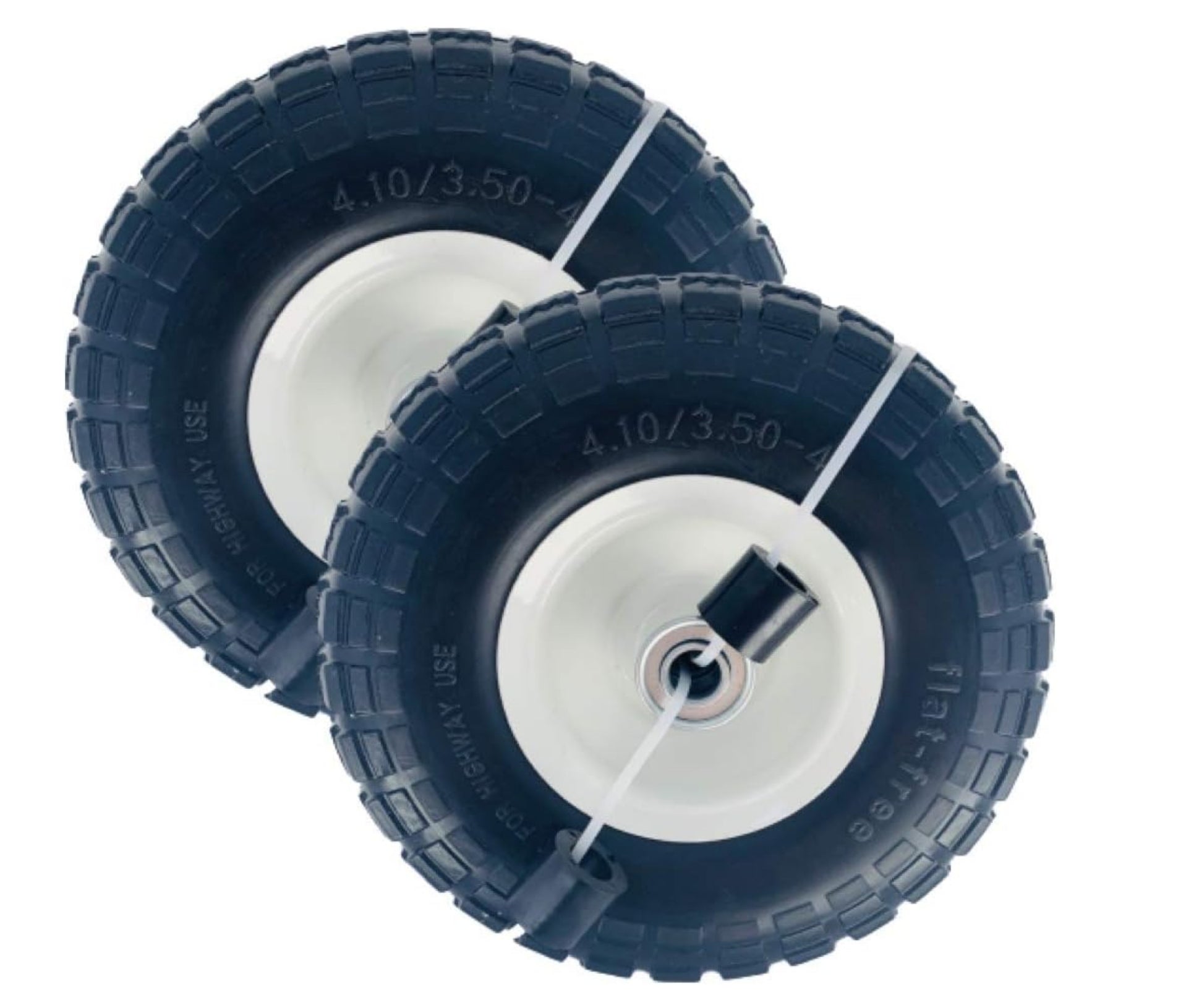 Two black flat free Jungle Jim's Jungle Wheels tires mounted on white steel wheels