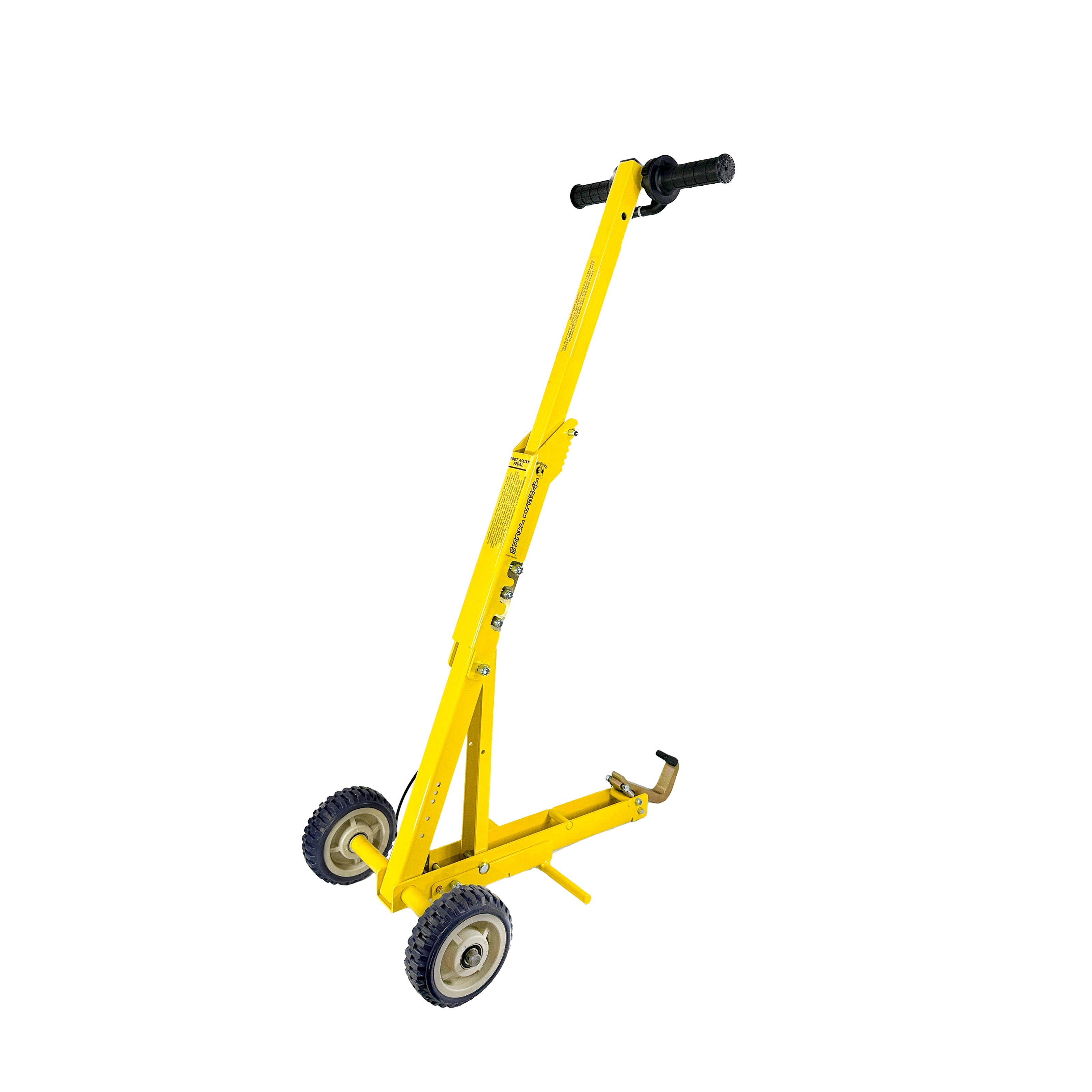 Jungle Jack V2 commercial mower lift with yellow 12-gauge steel frame and patented assist pedal.