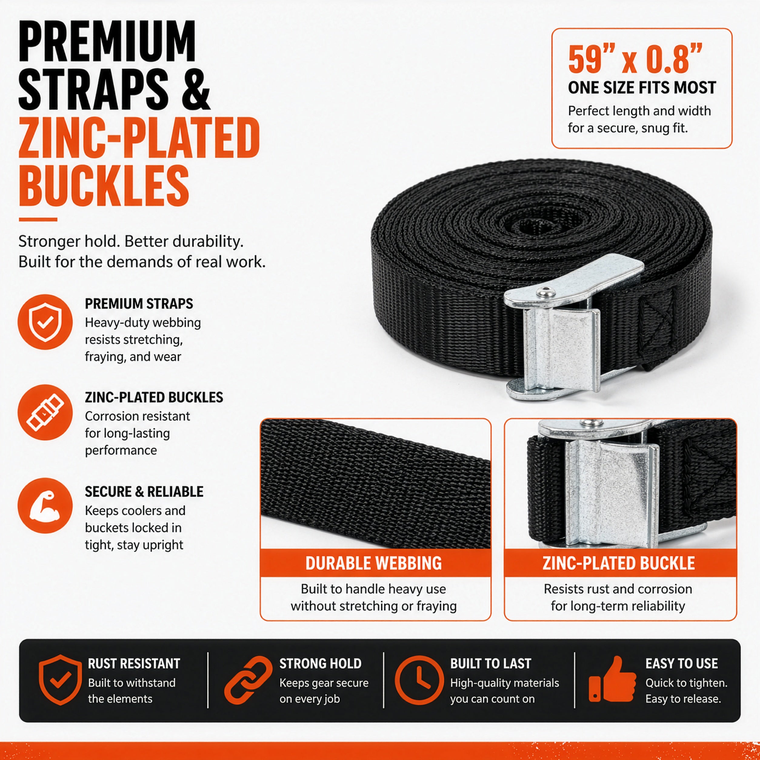 Durable 59-inch heavy-duty webbing straps with corrosion-resistant zinc-plated cam buckles for securing 5-gallon containers.