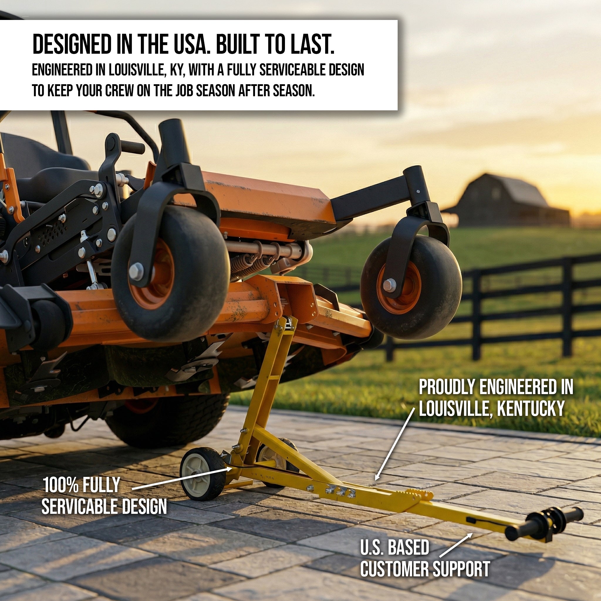 Jungle Jack V2 commercial mower lift, engineered in Louisville, Kentucky, featuring a 100% fully serviceable design.