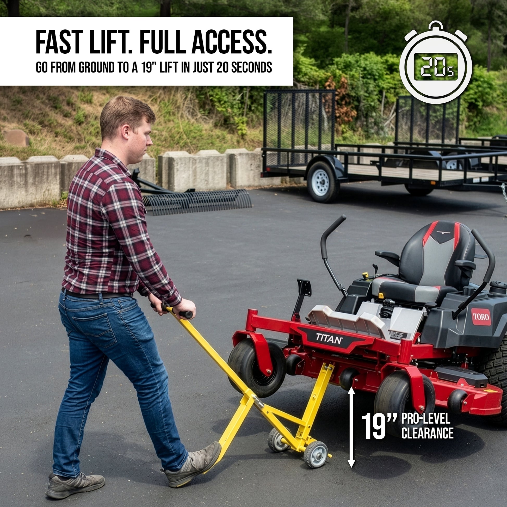 Operator lifting a Toro zero-turn mower 19 inches in 20 seconds using the Jungle Jack V2 for under-deck access.