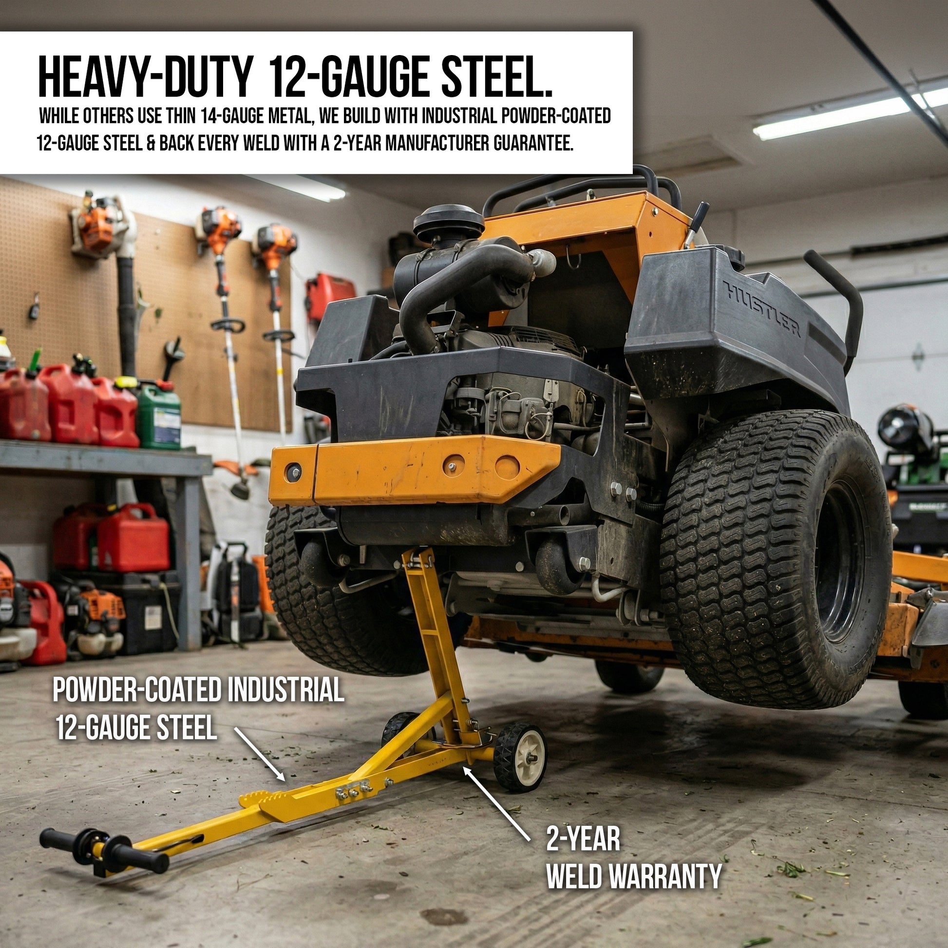 Durable powder coated 12-gauge steel mower jack with reinforced welds and 2-year warranty being used in a commercial shop.