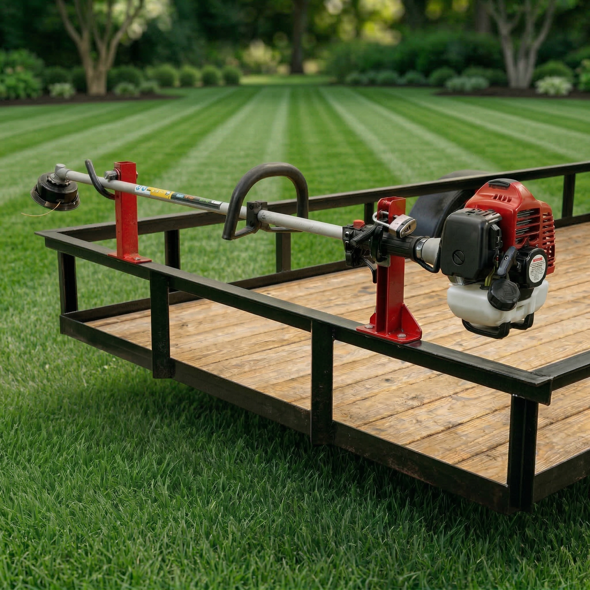 Jungle Jim's Accessory 1TR Trimmer Rack installation on a landscape trailer, featuring a secure locking mechanism for lawn maintenance equipment.