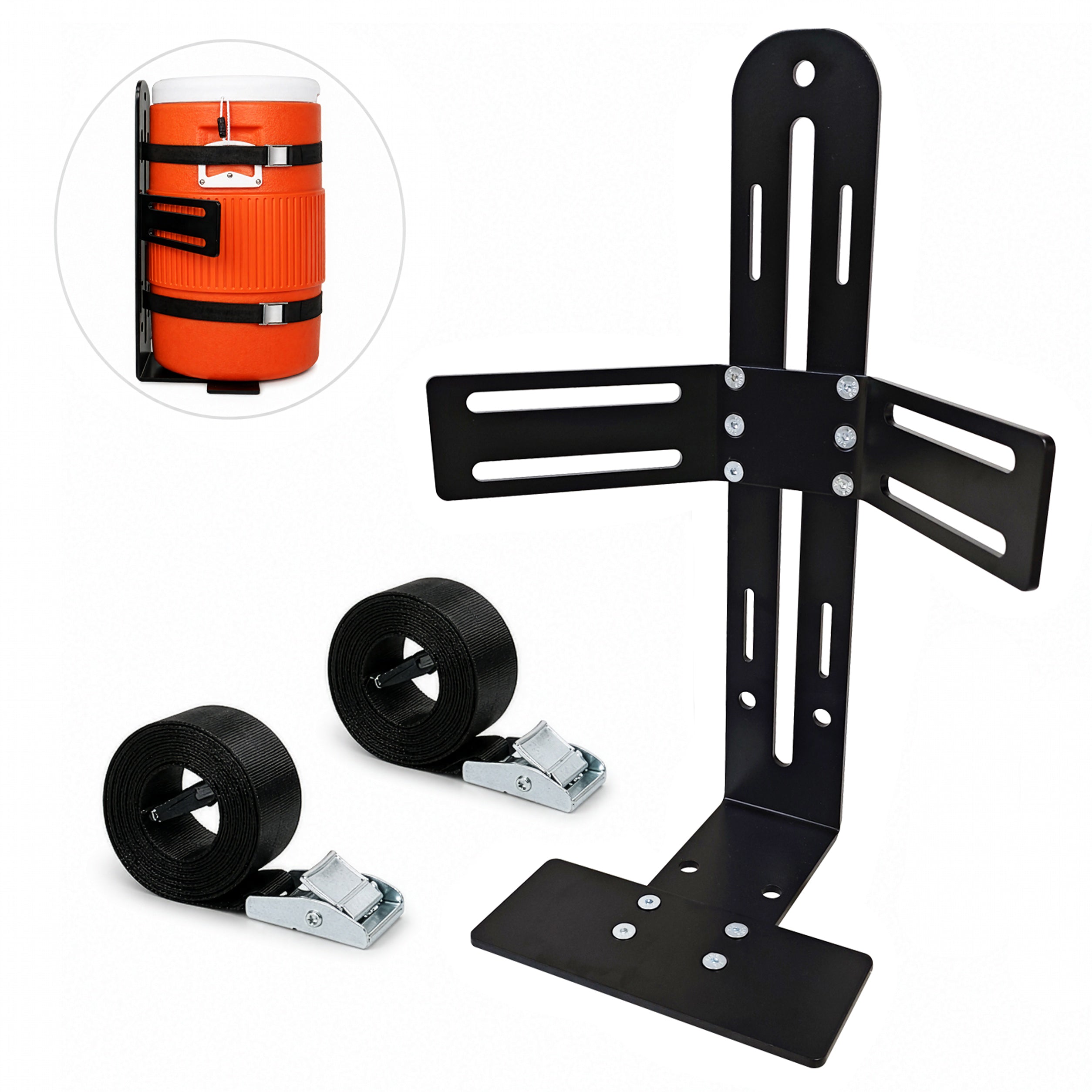 Jungle Jim’s heavy-duty 5-gallon water cooler and bucket rack for open landscape trailers, featuring a black steel frame and dual adjustable straps.