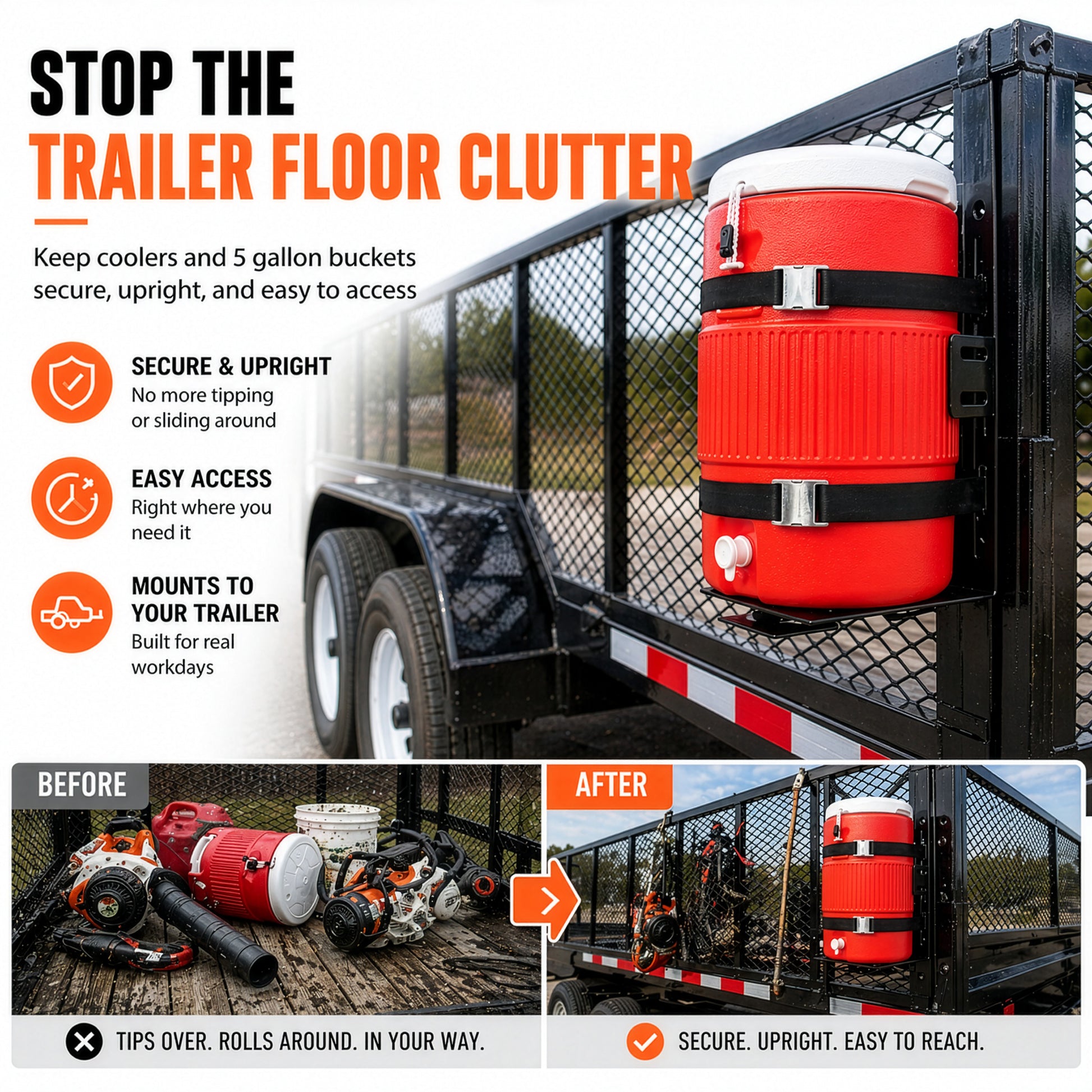 Before and after comparison of a cluttered landscape trailer floor versus an organized setup using a Jungle Jim’s bucket mount.