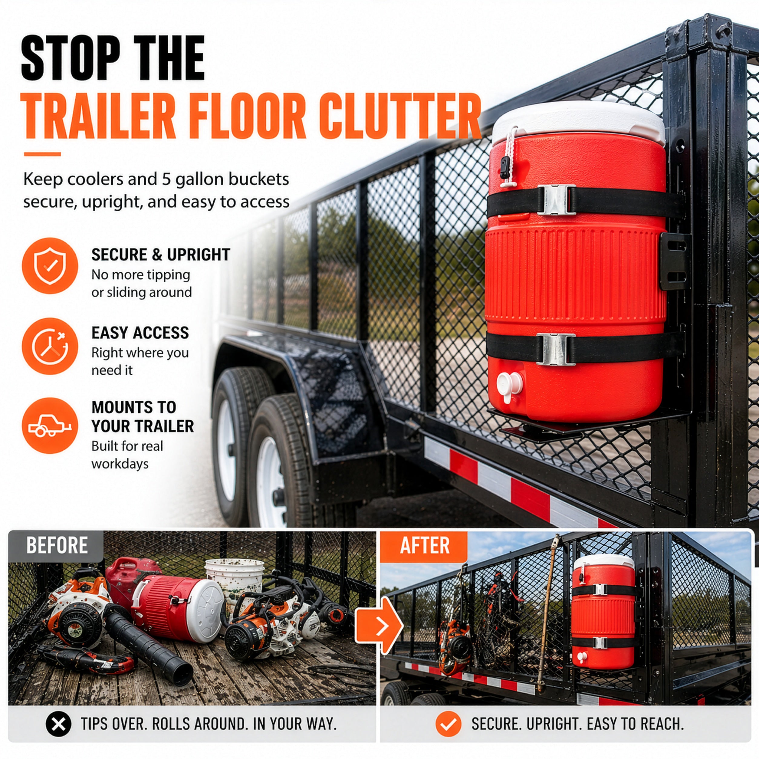 Before and after comparison of a cluttered landscape trailer floor versus an organized setup using a Jungle Jim’s bucket mount.
