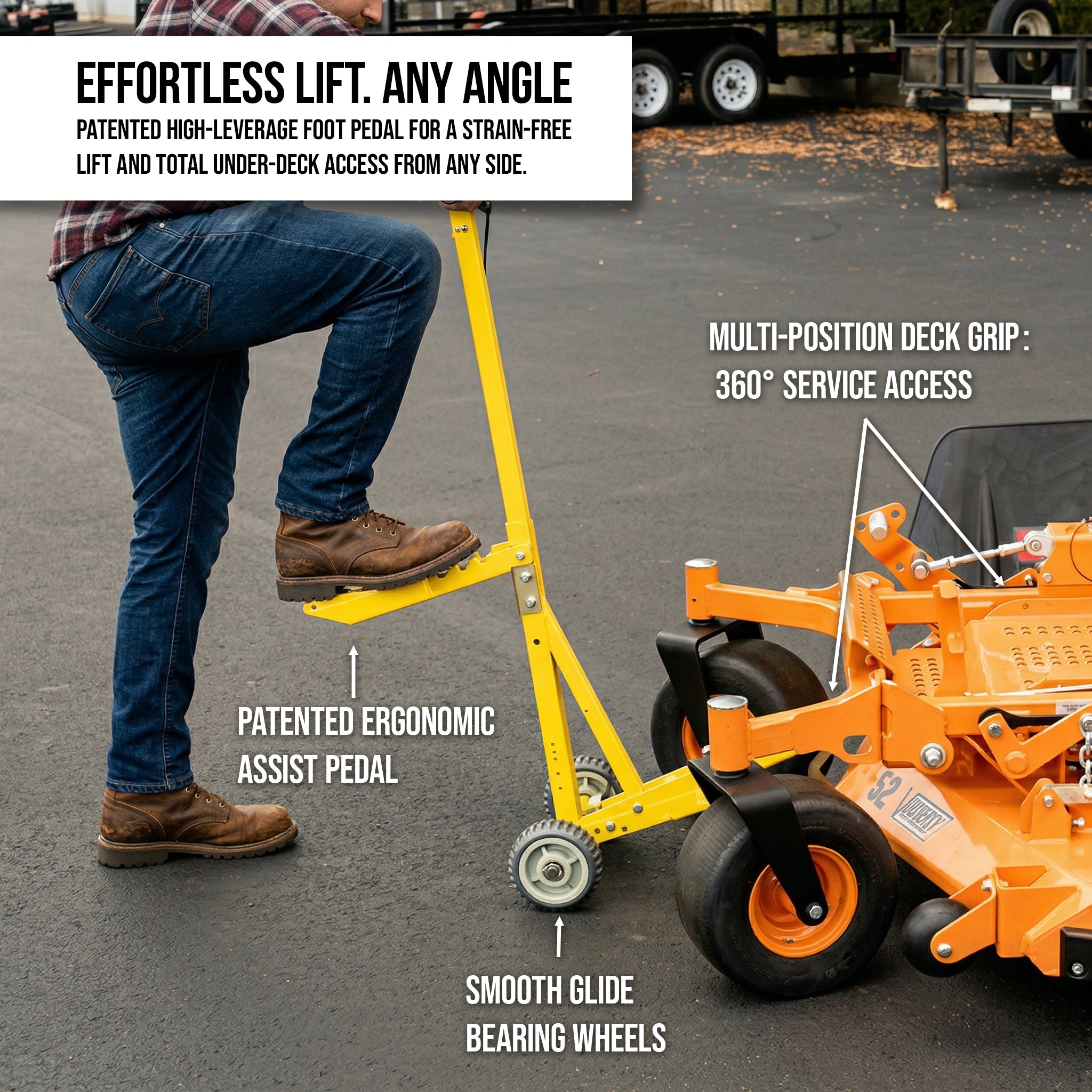 Close-up of the patented ergonomic assist pedal and smooth-glide bearing wheels on a commercial mower jack.