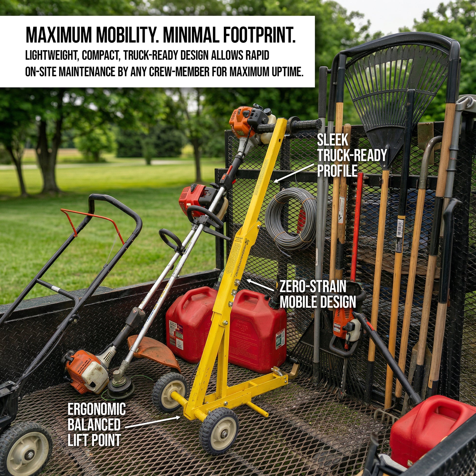 Durable 12-gauge steel mower jack with reinforced welds and 2-year warranty being used in a commercial shop.