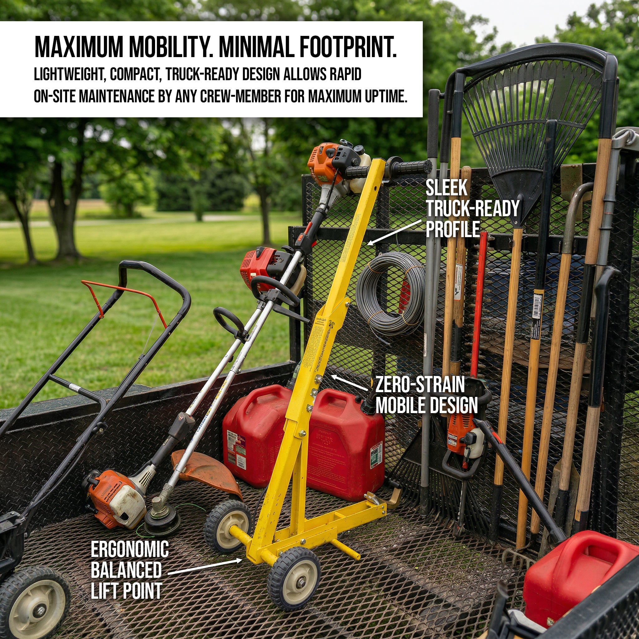 Durable 12-gauge steel mower jack with reinforced welds and 2-year warranty being used in a commercial shop.