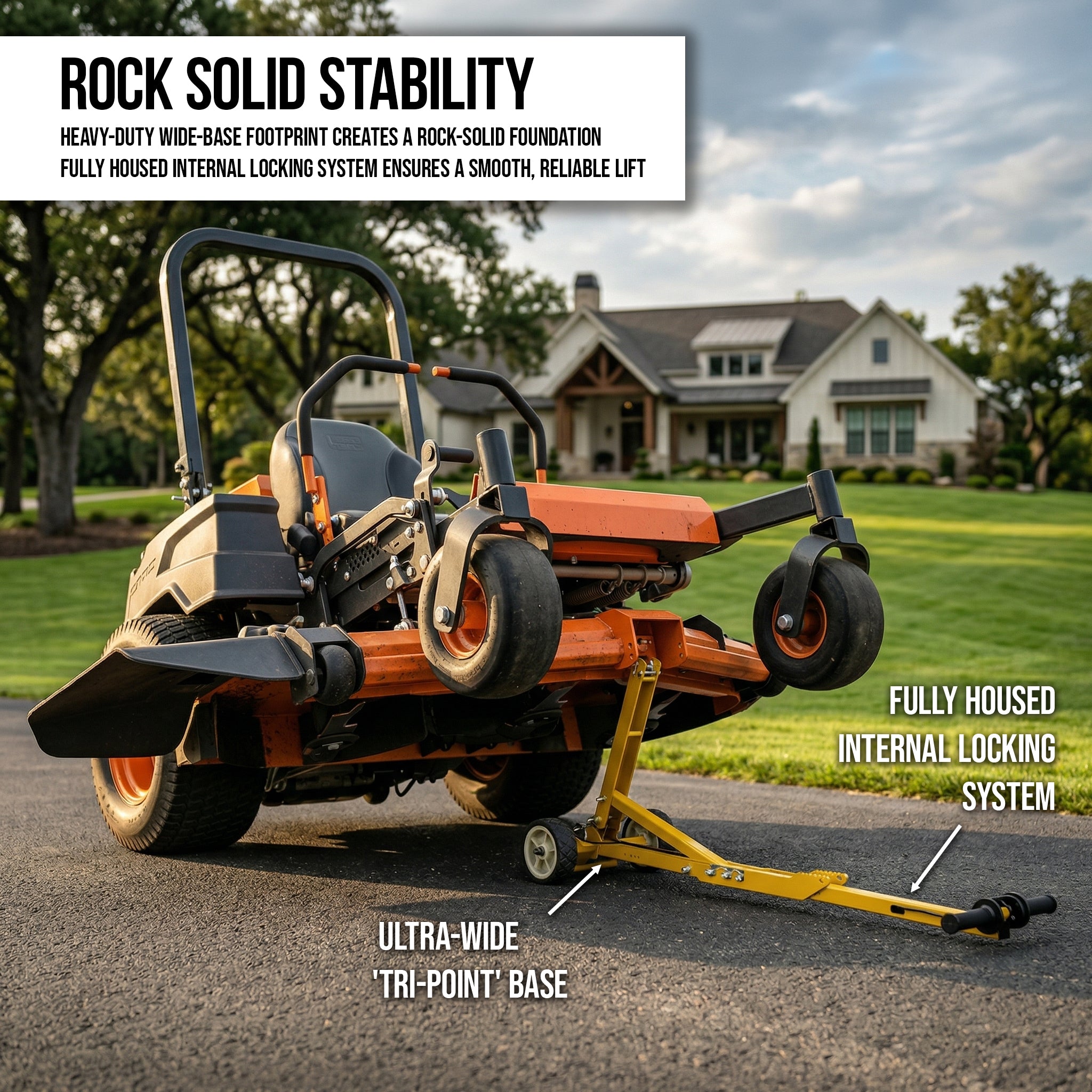 Orange zero-turn mower supported by a stable tri-point wide-base footprint and internal locking system for rock-solid stability.