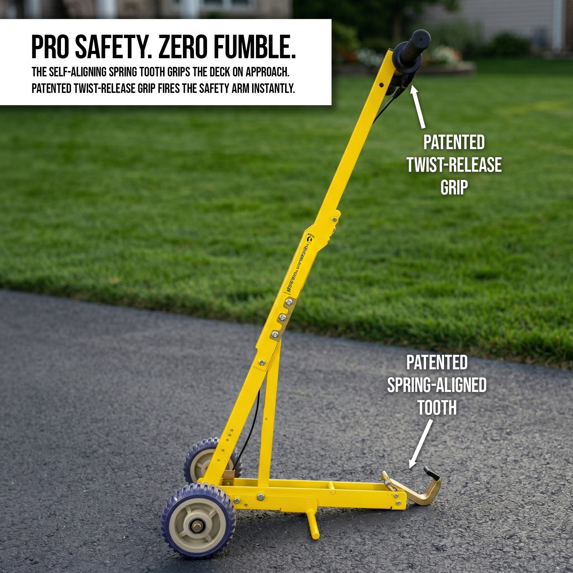 Jungle Jack V2 featuring the patented twist-release safety grip and self-aligning spring-tooth for secure deck engagement.