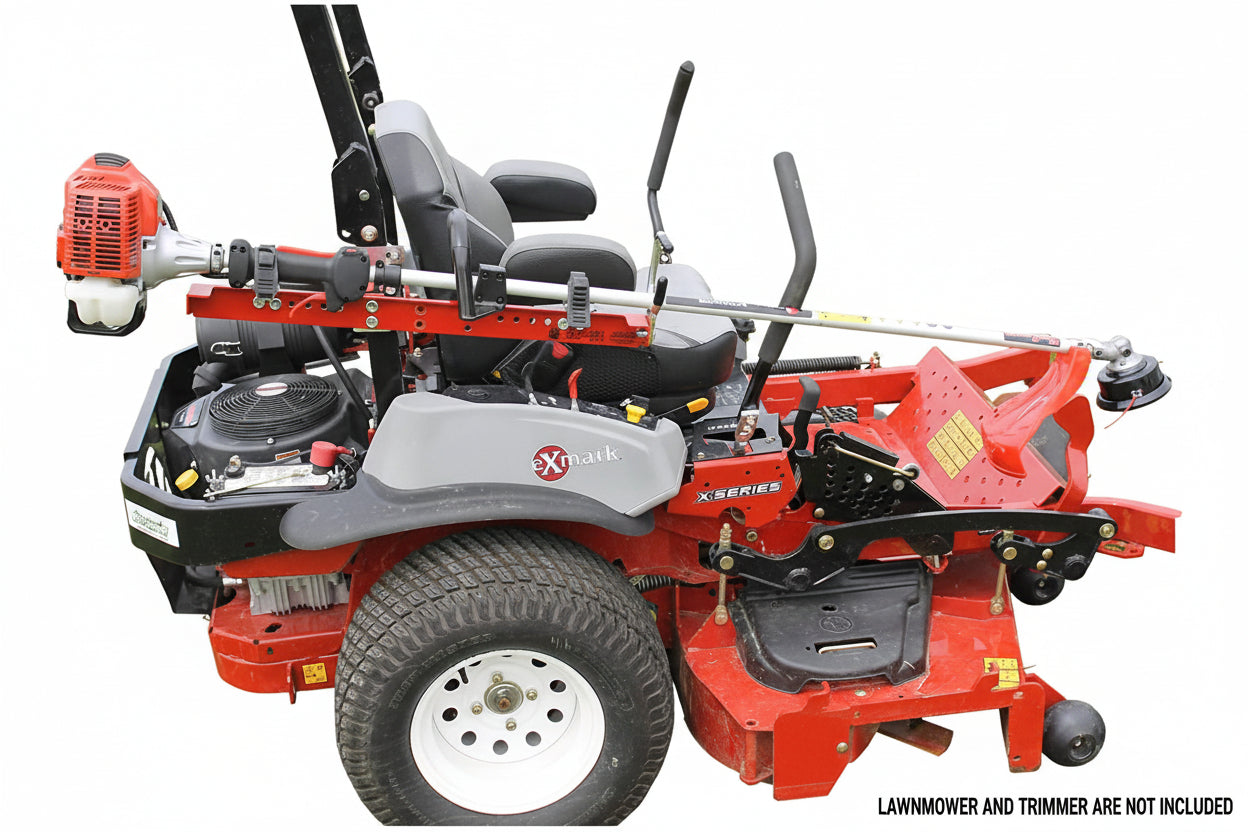 Zero turn trimmer rack mounted on a red Exmark mower, showing how the rack securely holds a trimmer along the roll bar. 
