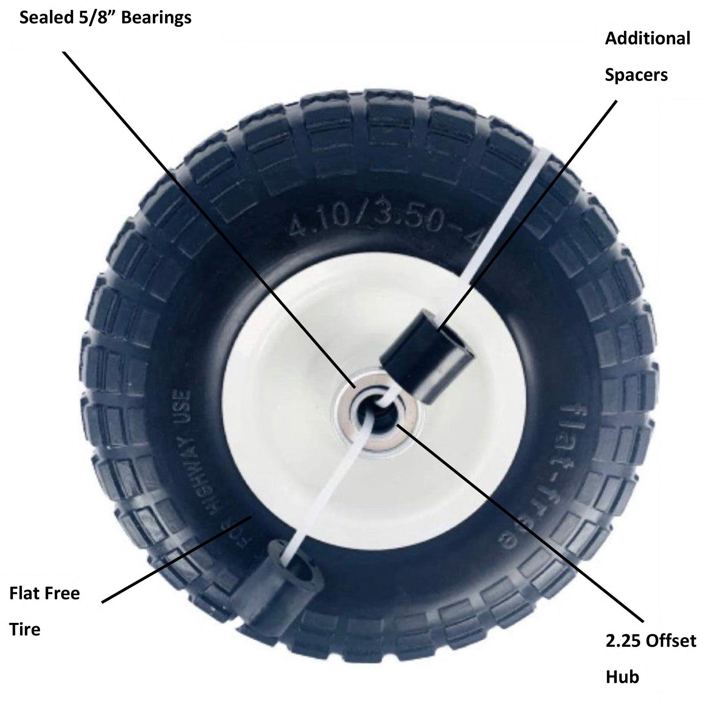 10”  Flat Free Tire 4.10/3.50-4", (918) Hand Truck, All-Purpose Utility Tire on Wheel Assembly for Air Compressors, Hand Trucks, All Purpose